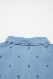 Light blue denim button-down shirt with dark grey star print and collar detail.