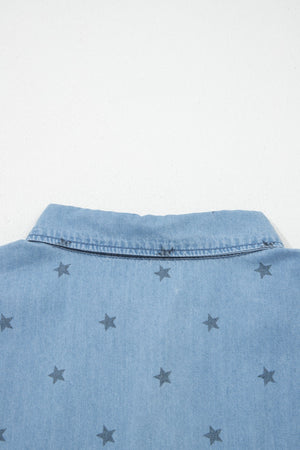 Light blue denim button-down shirt with dark grey star print and collar detail.