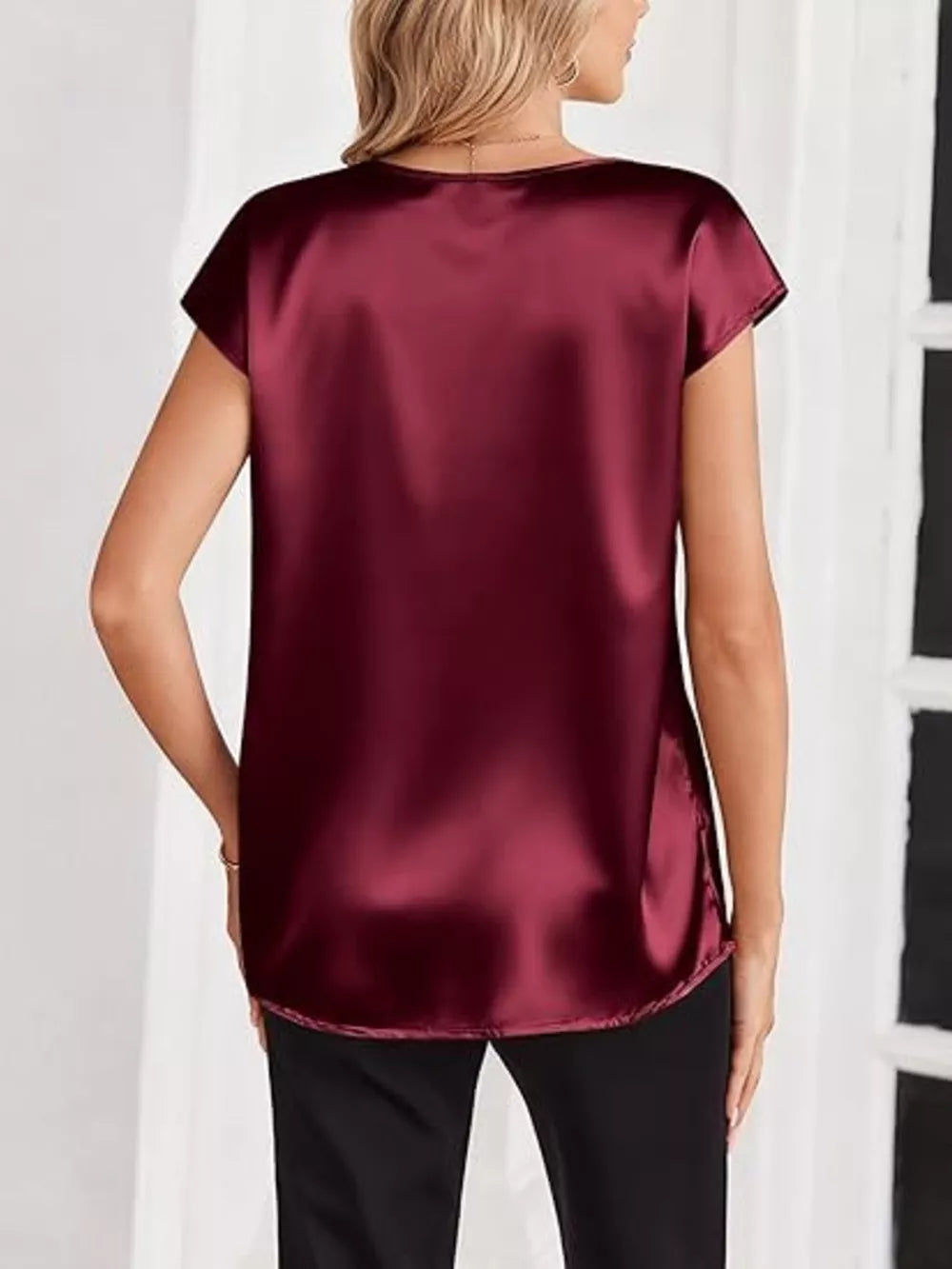 Wine red satin V-neck short sleeve maternity shirt with a relaxed fit.