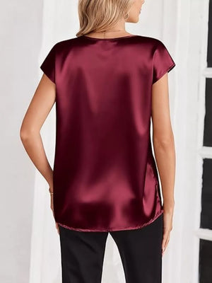 Wine red satin V-neck short sleeve maternity shirt with a relaxed fit.