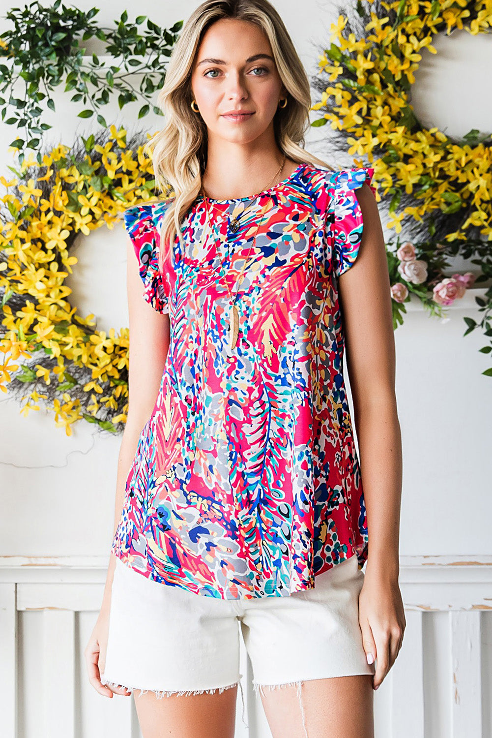 Painterly ruffle sleeve blouse in multi with abstract print and crew neck.