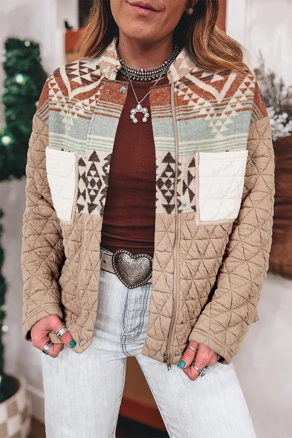 Aztec Quilted Patchwork Western Jacket in Camel, back view