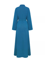 French blue button-down maxi dress with drawstring waist and long sleeves.