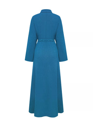 French blue button-down maxi dress with drawstring waist and long sleeves.
