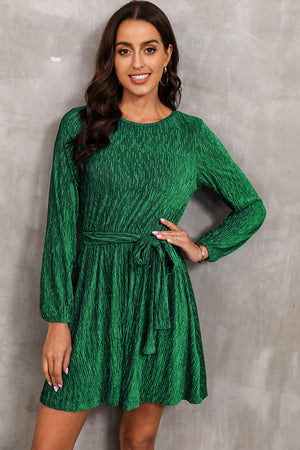Green textured pleated mini dress with long sleeves and a tie waist.