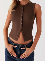 Coffee Brown ribbed knit button-down crop top with a round neckline and sleeveless design.