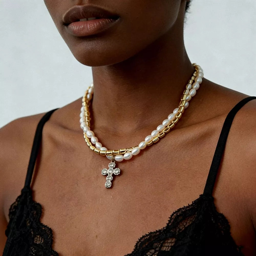 Elegant Pearl Alloy Necklace With Rhinestone Cross Pendant in Gold, side view
