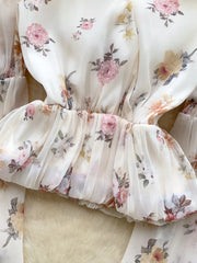Chiffon floral blouse with balloon sleeves and ruched waist detail