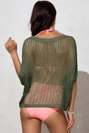 Moss open-knit acrylic slouchy shoulder cover-up with short sleeves.