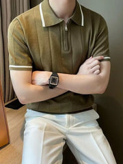 Olive ribbed knit polo shirt with contrast trim on collar and sleeves.