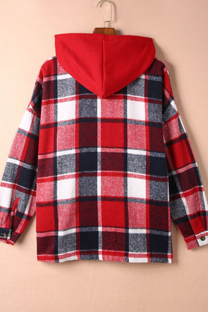 Plaid hooded shacket in red, white, and navy. Relaxed fit, casual outerwear.