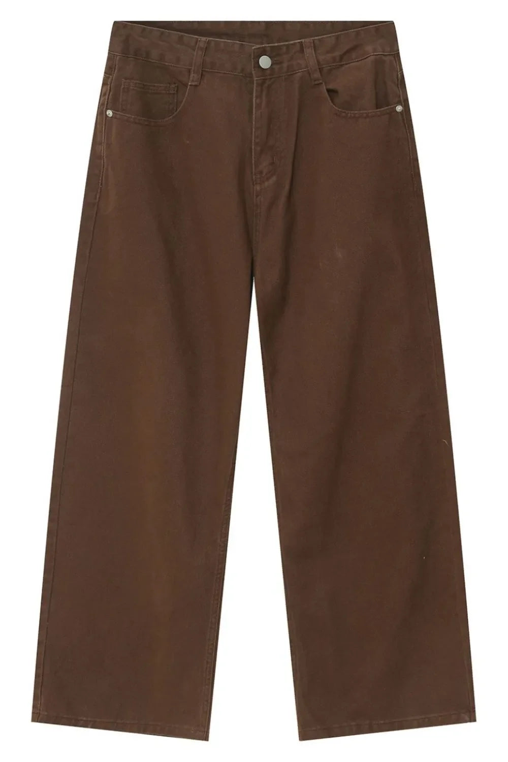 Brown wide-leg denim jeans with a relaxed fit and classic five-pocket styling.