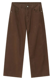 Brown wide-leg denim jeans with a relaxed fit and classic five-pocket styling.