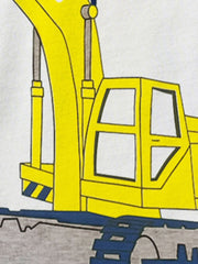 Toddler short sleeve tee with yellow excavator graphic on white cotton.