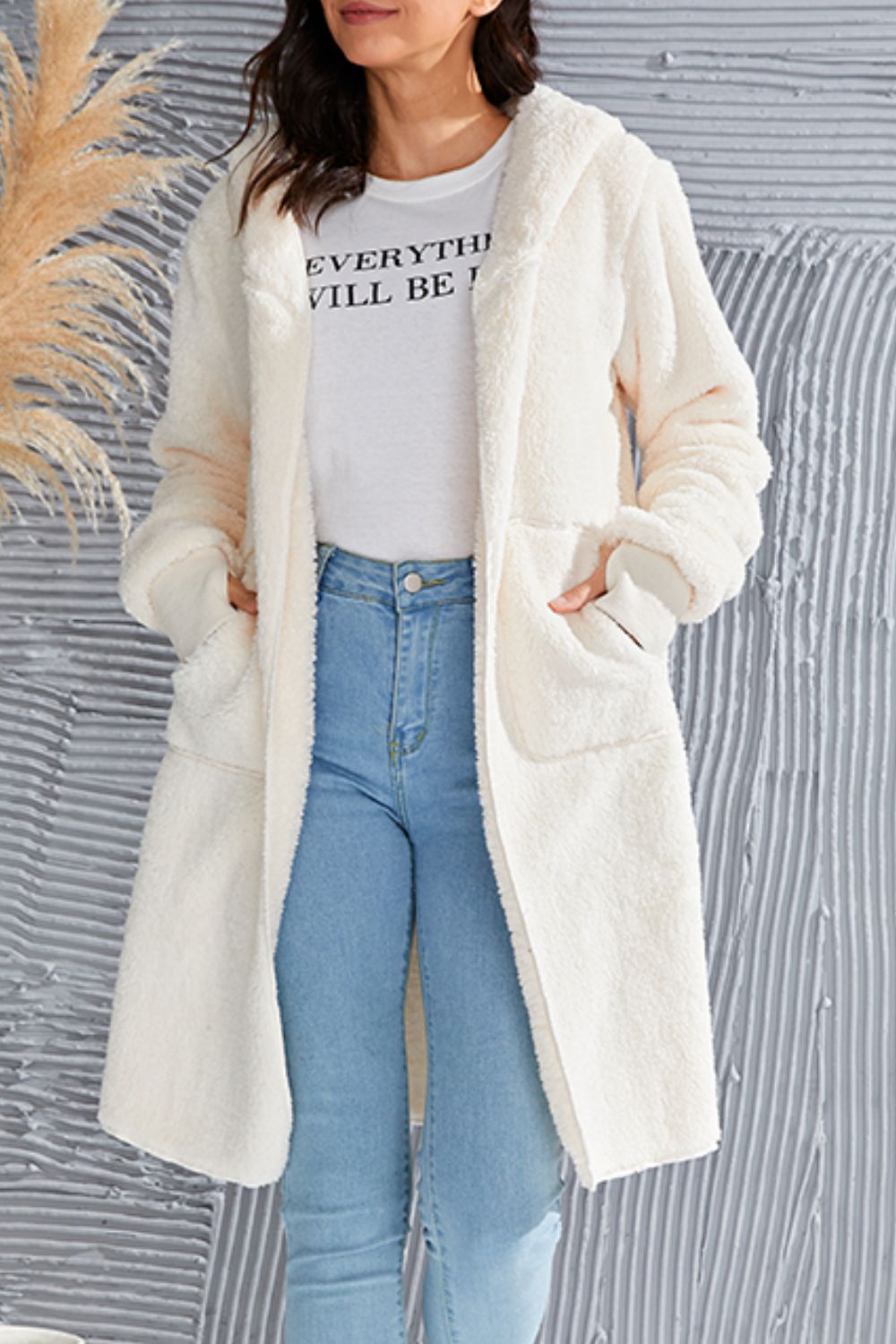 Cream plush hooded duster with thumbhole cuffs and pockets