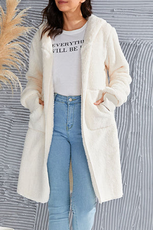 Cream plush hooded duster with thumbhole cuffs and pockets