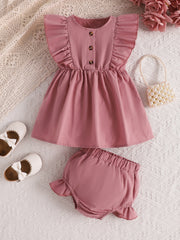 Pink baby set with ruffle sleeves, button front dress, and bloomer shorts.