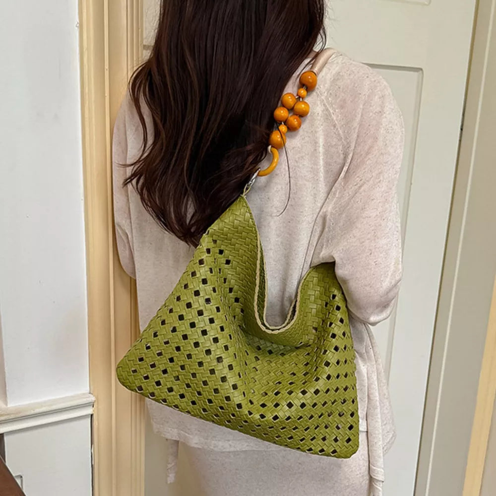 Cutout Shoulder Bag With Beaded Handle in Green, close-up detail