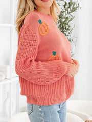 Burnt Coral embroidered pumpkin holiday sweater with crew neck and long sleeves.