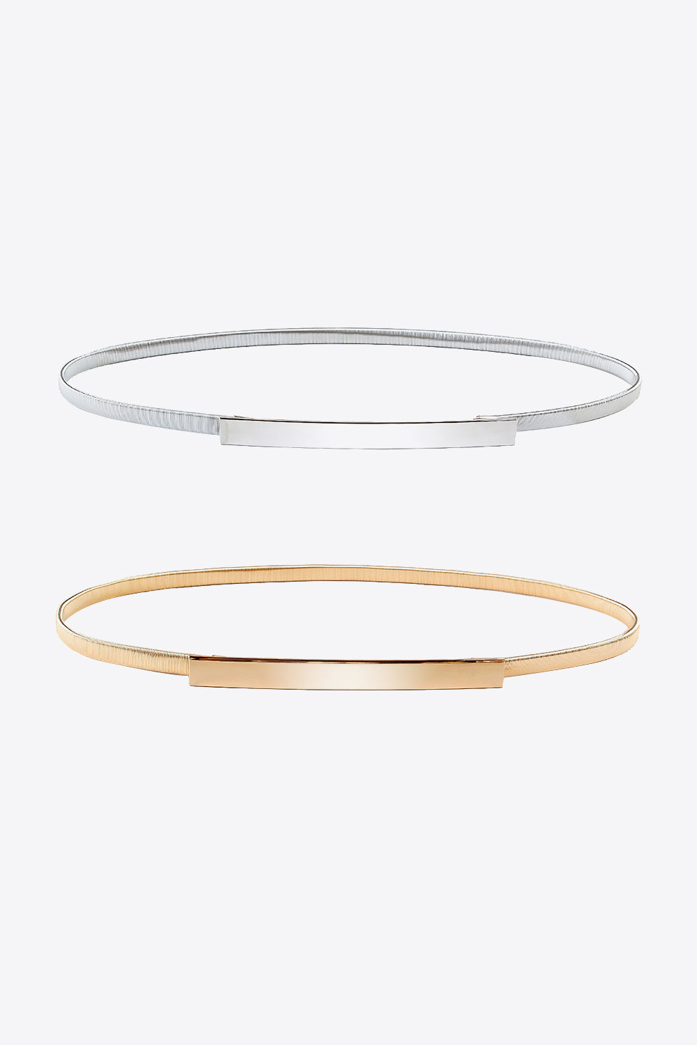 Slimline gold and silver elastic waist belts with flat buckle detail