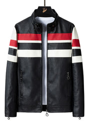 Black leather moto jacket with red and white stripes on sleeves and chest, zip pockets.