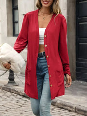 V-neck Button-up Long Sleeve Cardigan in Red