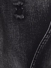 Men's dark wash cotton jeans with distressed detailing and wide-leg cut.