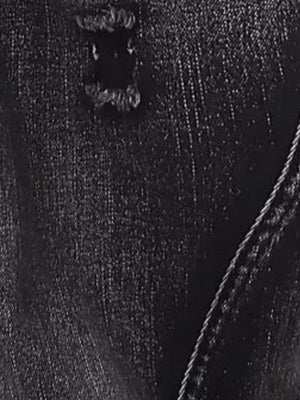 Men's dark wash cotton jeans with distressed detailing and wide-leg cut.
