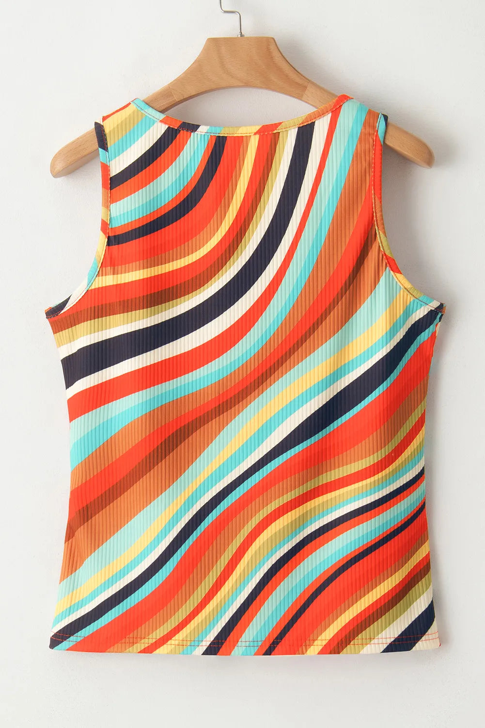 Ribbed stripe tank top with a scoop neck and colorful wavy stripes.