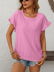 Ruffled sleeve eyelet knit top in watermelon pink with a round neckline and short sleeves.