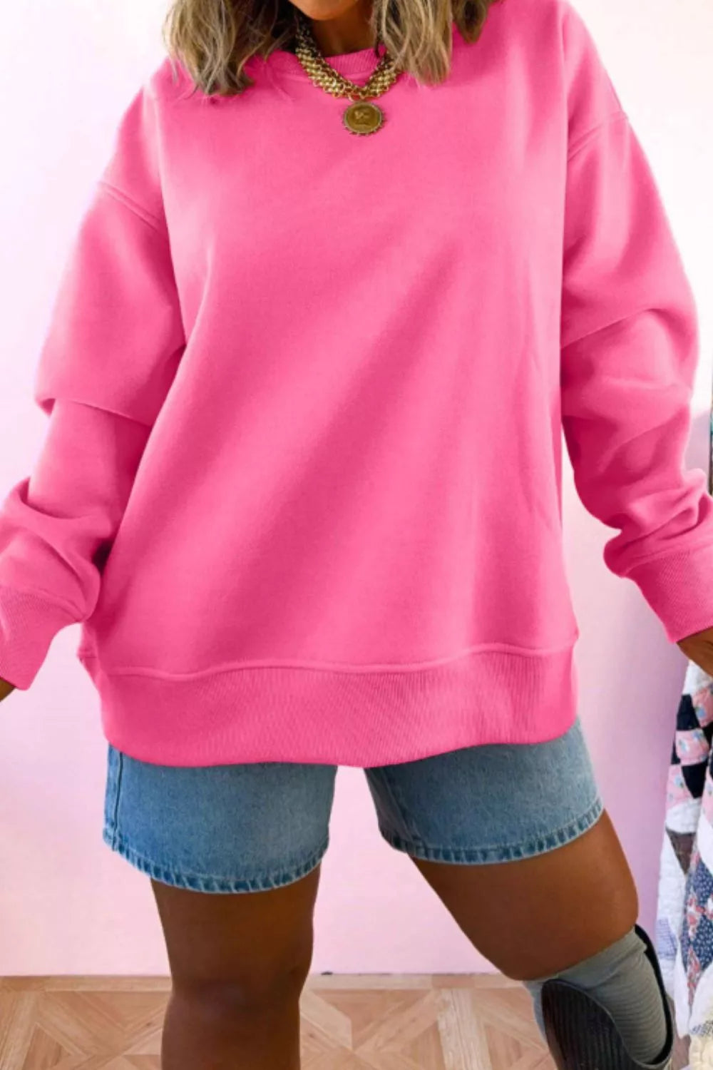 Slogan Print Round Neck Long Sleeve Sweatshirt in Hot Pink, model styling view