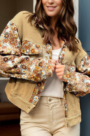 Waffle knit jacket in khaki with floral panel sleeves and chest pockets.