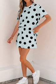 Light blue polka dot two-piece set with crew neck top and shorts.