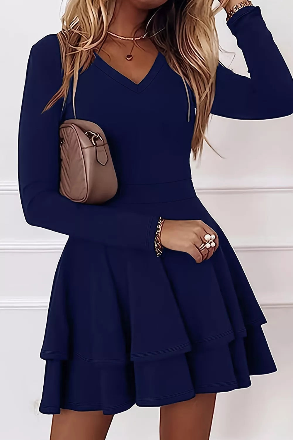 Layered Long Sleeve V-neck Mini Dress, product detail