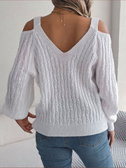 White knit cold shoulder sweater with cable knit detail and V-neck