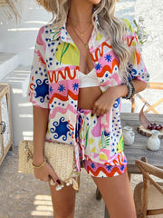 Coastal Tile Print Co-ord Set with button-down shirt and drawstring shorts in multicolor.