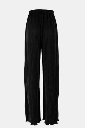 Black pleated wide-leg trousers with a ruffled hem.