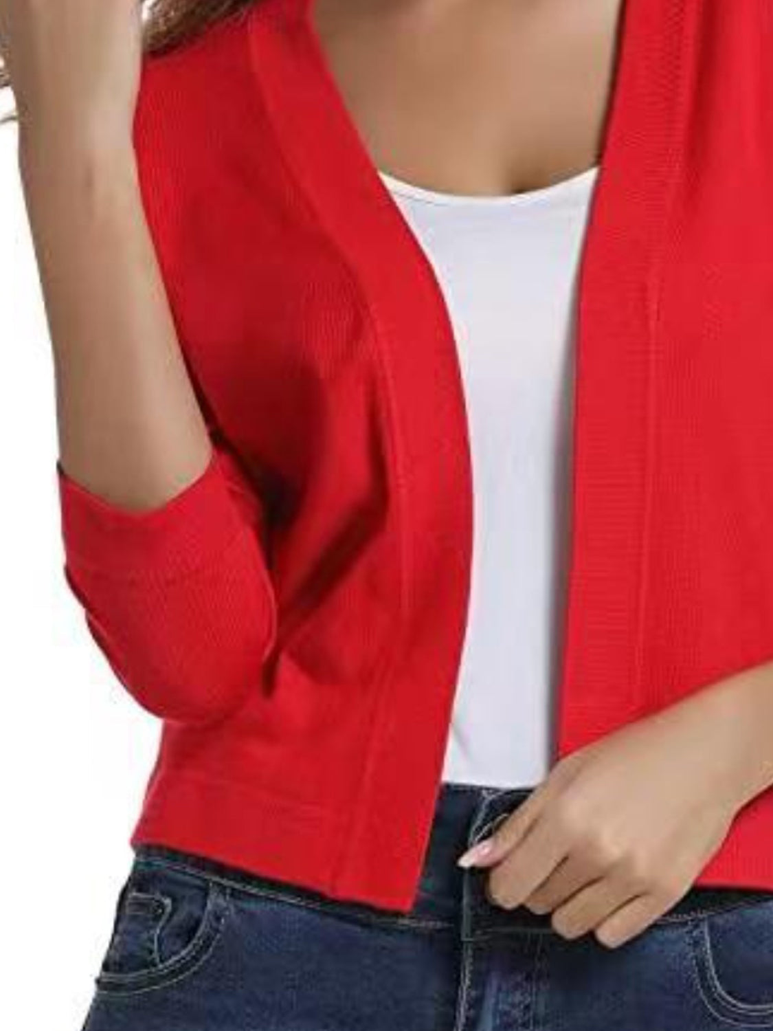 Red cropped knit cardigan with elbow-length sleeves, open front, and V-neck.