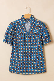 Blue floral cotton blouse with V-neck and puff sleeves