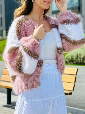 Chic color block open cardigan with balloon sleeves in pink, white, and brown acrylic knit.