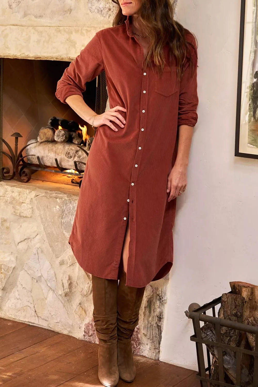 Long Sleeve Button Down Corduroy Midi Dress in Rust, side view