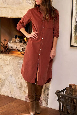 Long Sleeve Button Down Corduroy Midi Dress in Rust, side view