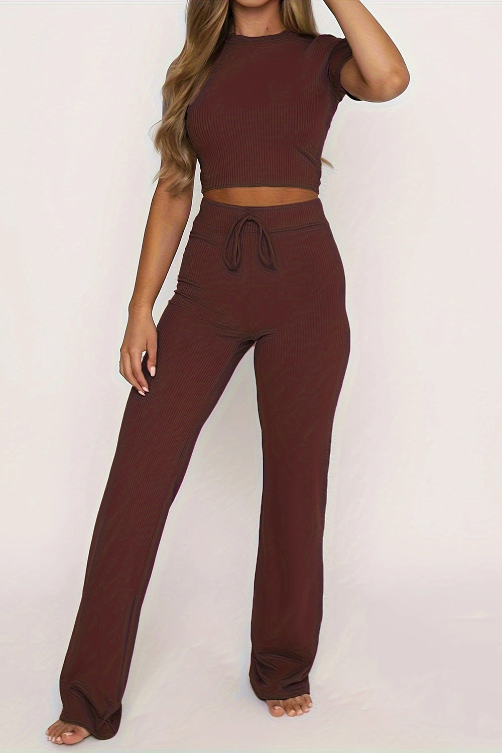 Brown ribbed crop top and wide leg pants set with drawstring waist