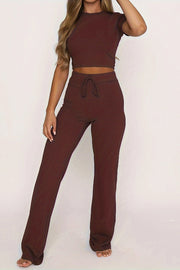 Brown ribbed crop top and wide leg pants set with drawstring waist