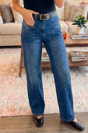 Seam-detail high-waisted jeans in blue denim with a relaxed fit and front seam detail.