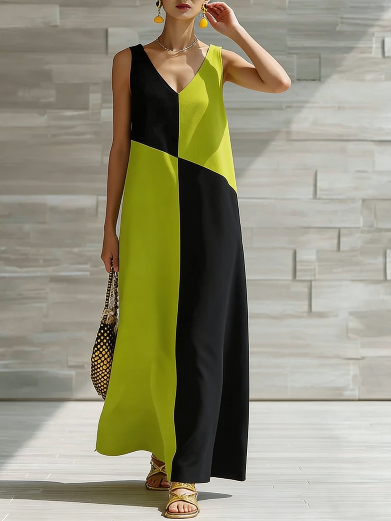 Maxi dress with V-neck, sleeveless, and geometric colorblock in lime and black.