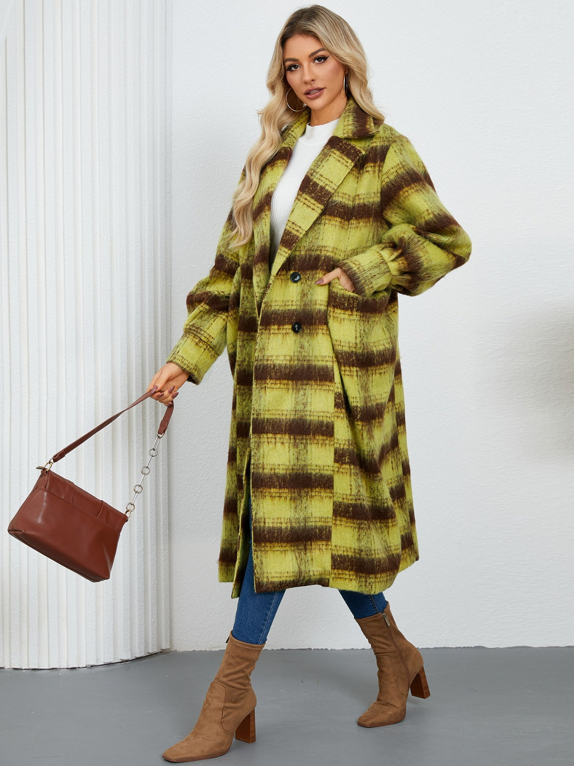 Checked plaid oversized cocoon coat in lime green with brown plaid, featuring a lapel collar and double-breasted closure.