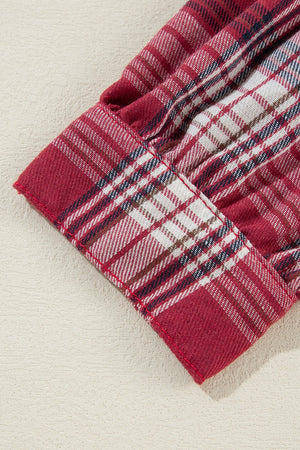 Denim plaid hybrid jacket in medium red with a distressed hooded detail.