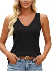 V-neck Ribbed Knit Tank Top in Navy, view 16
