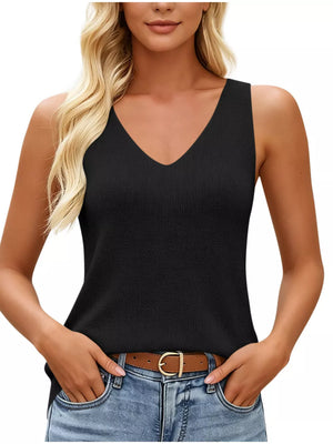 V-neck Ribbed Knit Tank Top in Navy, view 16